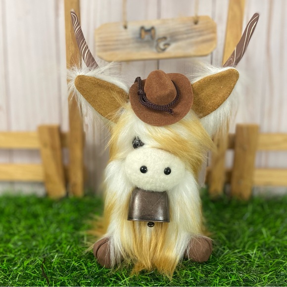 Hand Crafted Other - ❌ SOLD Highland Cow Coo Gnome Tan White Cowboy Hat Bell Handmade Farmhouse Home